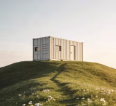 A white shipping container placed on top of a grassy hill with a clear sky background.